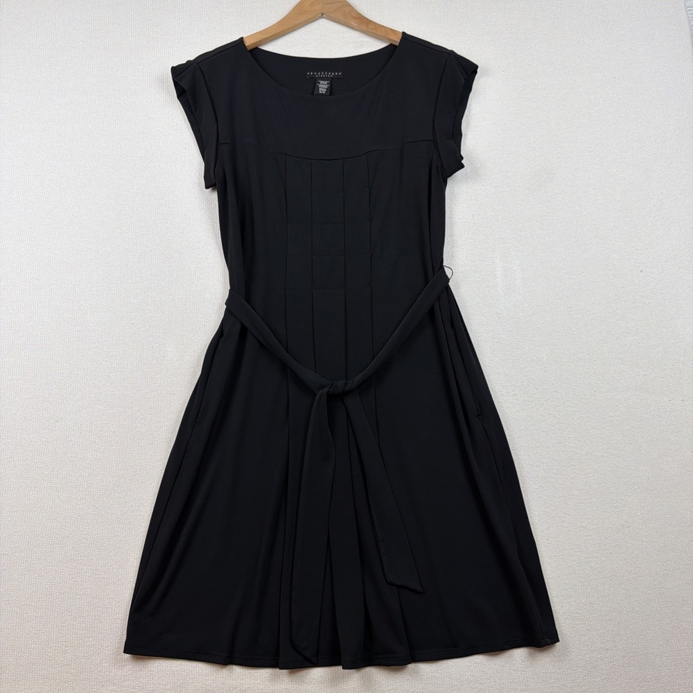 Apostrophe Stretch Belted Shift Sheath Dress Size M Black Pleated Career Casual